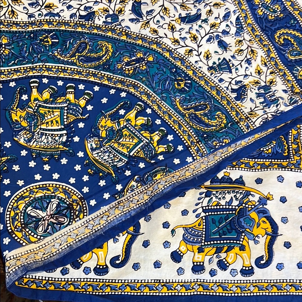 Blue and Yellow Elephant Print Fabric boho tapestry tablecloth coverlet decor